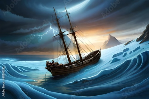 A fishing boat sailing in the sea during storm.