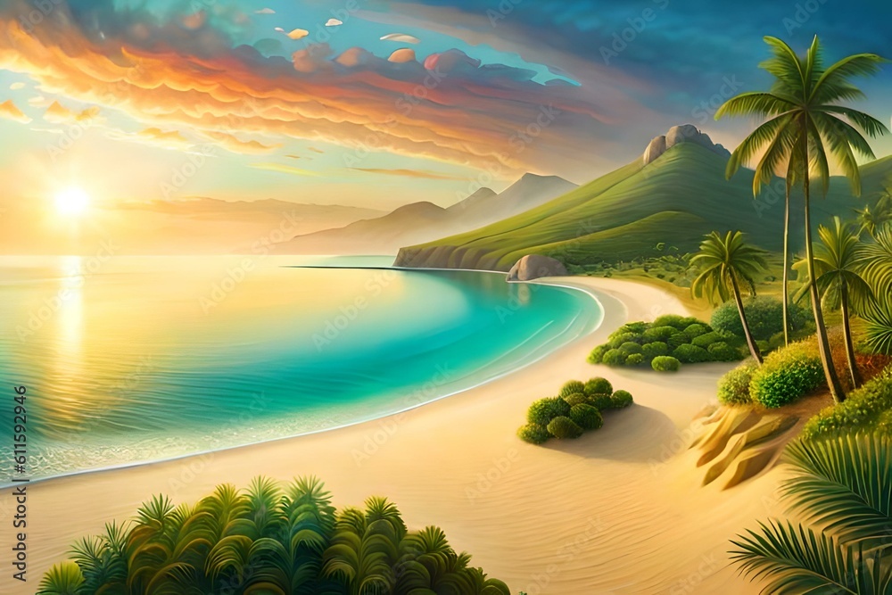 Aerial view of a sea beach with palm trees and hills, created with Generative AI