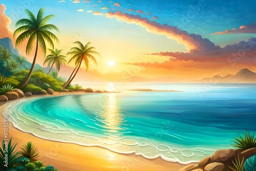 Sea beach with hills, palm trees and clear blue water, created with Generative AI © saurav005