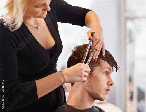 Hair care comb, hairdresser scissors and woman cut client hairstyle, cleaning and grooming in beauty spa salon. Hairdressing, service and studio person, customer or man for haircare brush treatment