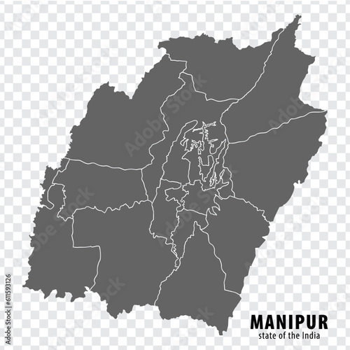 Blank map State  Manipur of India. High quality map Manipur with municipalities on transparent background for your web site design, logo, app, UI. Republic of India.  EPS10.