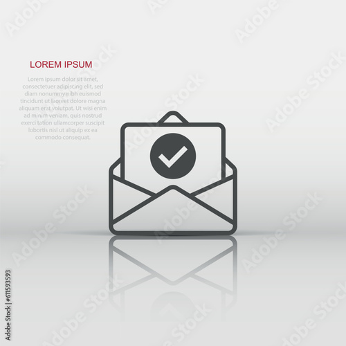 Envelope with confirmed document icon in flat style. Verify vector illustration on white isolated background. Receive business concept.