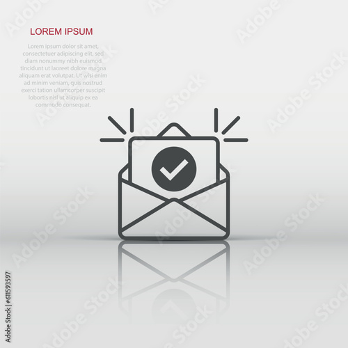 Envelope with confirmed document icon in flat style. Verify vector illustration on white isolated background. Receive business concept.