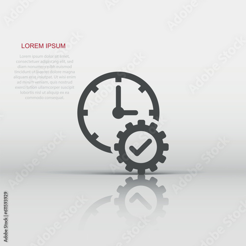 Check mark on clock icon in flat style. Gear with time vector illustration on white isolated background. Production business concept.