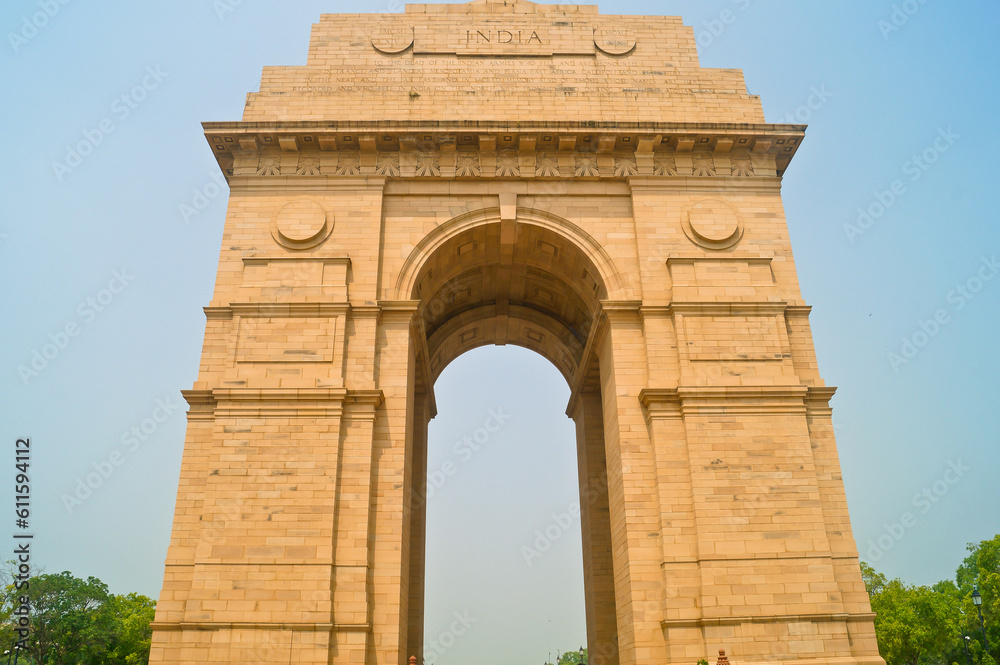India Gate, New Delhi, May, 2023: It is a triumphal arch architectural style war memorial designed by Sir Edwin Lutyens to 82,000 soldiers of the Indian Army who died in the First World War.