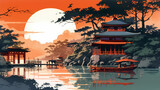 Illustration of beautiful view of Itsukushima Shrine, Japan