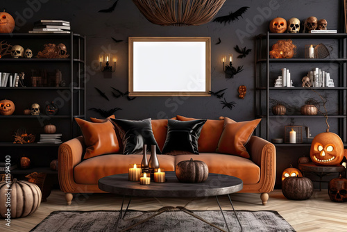 Frame Mockup : living room with orange sofa, skeletons, scary halloween decorations, in the style of gothic dark and moody tones. photo