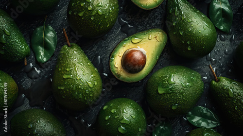 Fresh ripe avocados with water drops background. Fruits backdrop. Generative AI photo