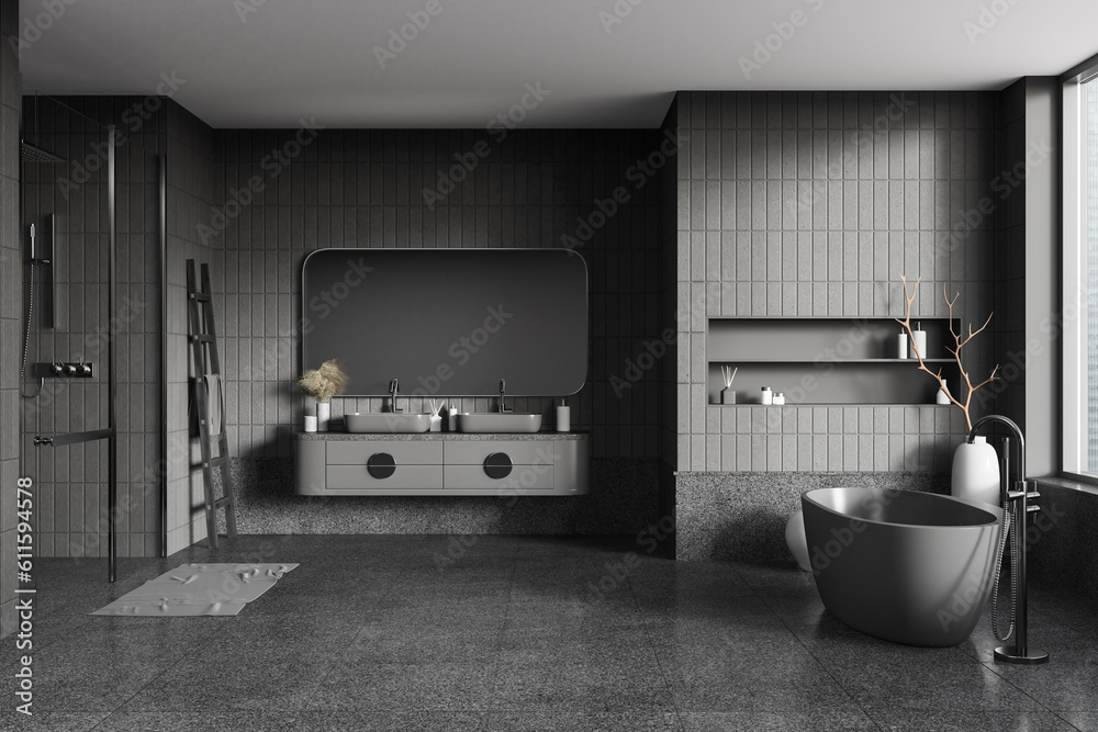 Grey bathroom interior with bathtub, double sink and douche, accessories Grey bathroom interior with bathtub, double sink and douche, accessories