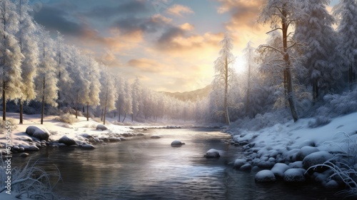 A serene lakeside landscape with frozen water and snow-covered trees, showcasing the serene beauty of winter. Generative AI.  © Dannchez