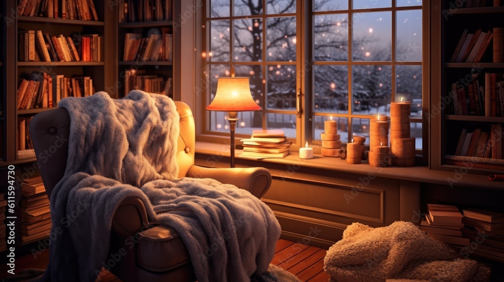 A cozy reading nook with a plush armchair, a warm blanket, and a stack of books, inviting relaxation and comfort during winter. Generative AI.  - obrazy, fototapety, plakaty 
