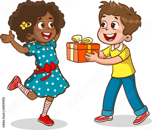 cute kids bought a gift for their friend.cute boy giving a gift to his friend