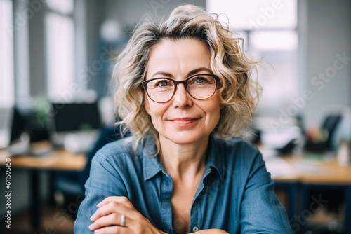 Beautiful middle-aged financial business woman, wearing glasses, with gray hair in a blue blouse, looks at the camera and smiles Generative AI