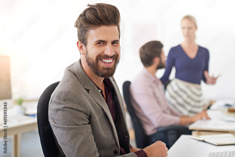 Happy, portrait and business man, auditor or accountant in company office. Face, entrepreneur and accounting professional with pride for career, corporate job or success mindset for coworking at work