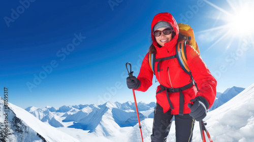 Beautiful woman mountaineer happily at the top of the world’s highest mountain. Generative AI