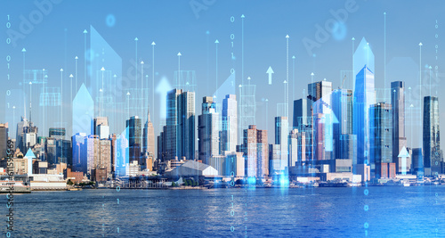 Fototapeta Naklejka Na Ścianę i Meble -  Wireframe digital interface with arrows in New York city