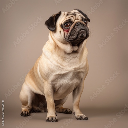 Pug dog in full length, photography, studio photo. AI generated. © baobabay