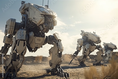 3d rendering of a group of robots in the desert at sunset  Futuristic military robots on a battlefield  AI Generated