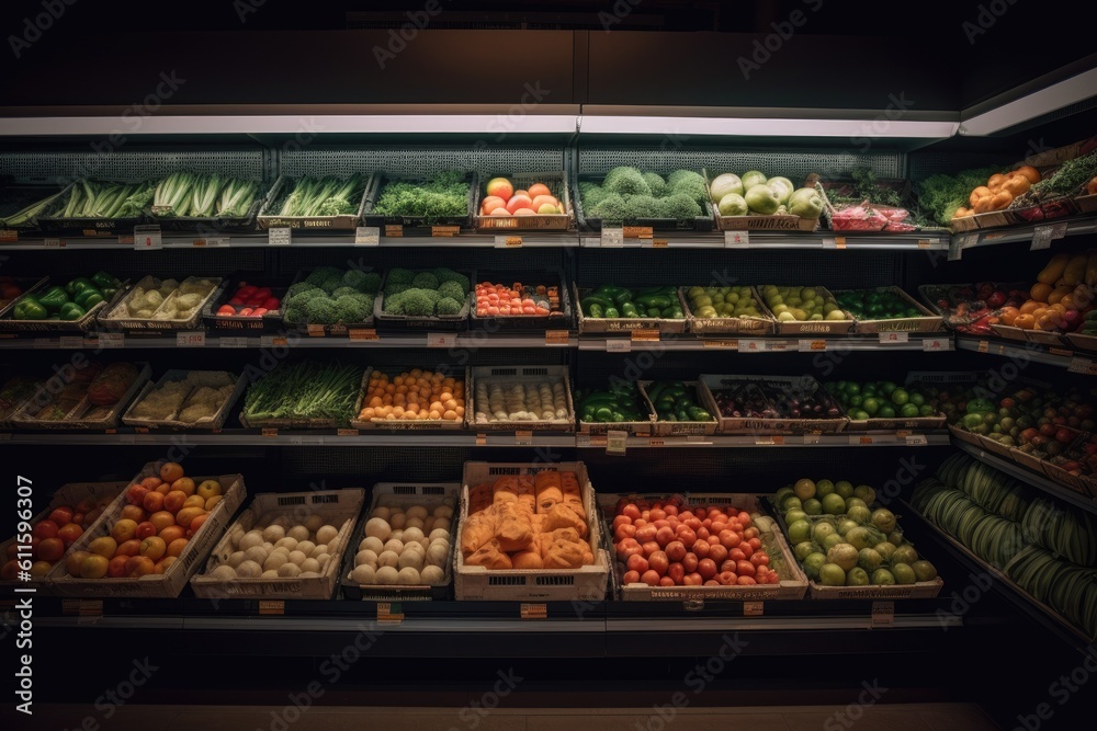 Fruits and vegetables in the supermarket. Healthy eating and dieting concept. Grocery and vegetable shelves in the supermarket, AI Generated