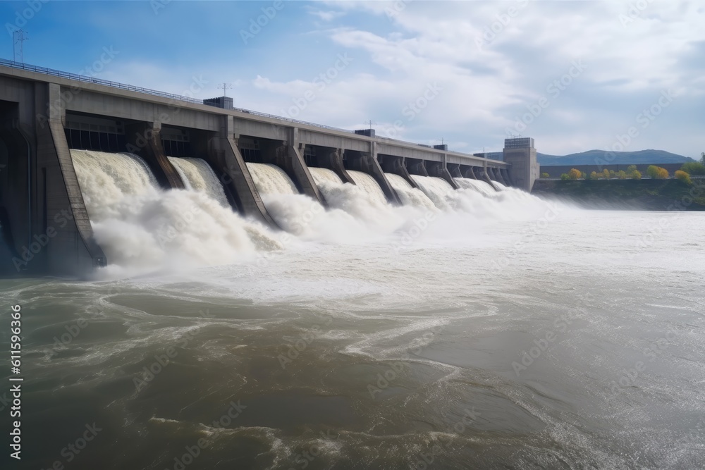 Hydroelectric power station on the river Dniester in Ukraine, massive hydroelectric dam producing electrical energy, AI Generated