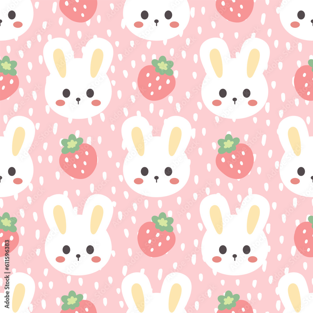 cute white bunny with strawberry on a pastel pink dashed background, kawaii kids seamless pattern wallpapers, children fruit animals wrapping paper, fabric and textile design