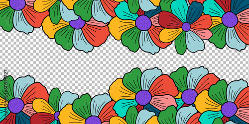 Colorful Floral seamless border with flowers on transparent background. Vector illustration for your design.