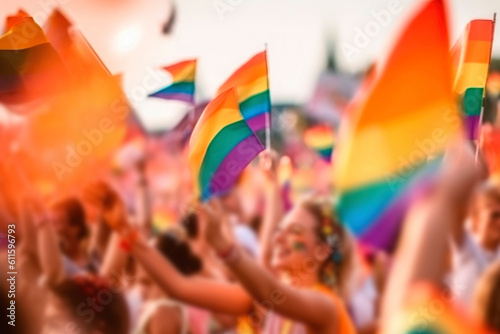 AI generated closeup rainbow flags of LGBT community blowing in wind at street of gay parade