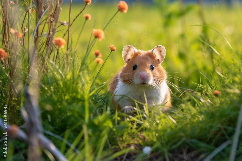 The hamster sits in the grass with daisies in the meadow. Selective focus. AI generated. The hamster sits in the grass with daisies in the meadow. Selective focus. AI generated.