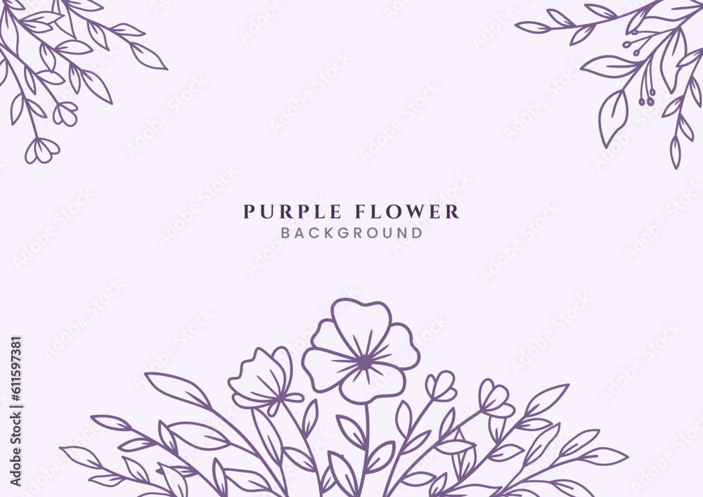 Beautiful Hand drawn Purple flowers and leaves on white background for wedding invitation or engagement or greeting card