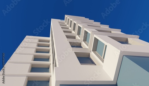 View of modern hotel building over blue sky scene 3d rendering architecture wallpaper backgrounds