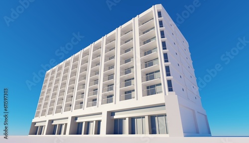 Side view modern hotel building 3d rendering architecture resident wallpaper backgrounds