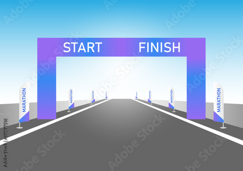 Running Competition Event or  Marathon Running Event at Start and Finish Point. Vector Illustration. 