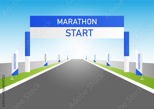 Running Competition Event or  Marathon Running Event at Starting point. Vector Illustration. 