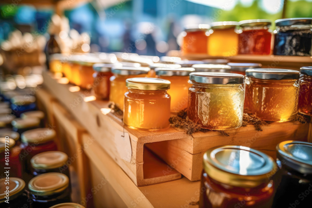 Honey and beeswax products at a vibrant farmers market. Natural bee products handcrafted with care by local beekeepers. Generative AI Honey and beeswax products at a vibrant farmers market. Natural bee products handcrafted with care by local beekeepers. Generative AI