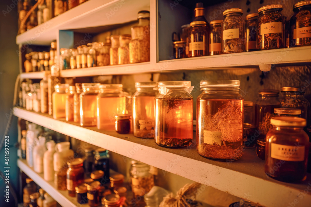 Jars of honey, propolis tinctures, and other natural bee-derived remedies in a softly lit apothecary shelves. Power of nature's healing gifts. Generative AI.