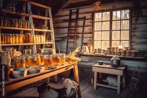 Bee products prepared for sale in a rustic farmhouse kitchen. Generative AI.
