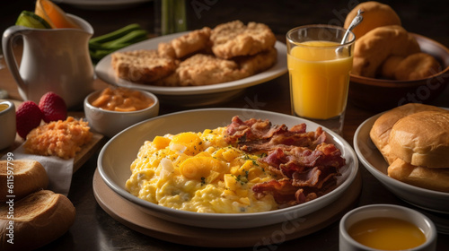 A hearty breakfast spread featuring scrambled eggs, bacon, rolls, and freshly squeezed orange juice