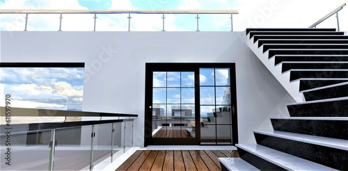 Swing glass doors from the country house leading to the terrace. Designer staircase to the upper level. Wooden deck flooring. 3D rendering. photo