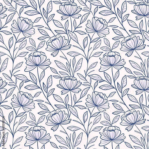 Vintage blue floral pattern, seamless background