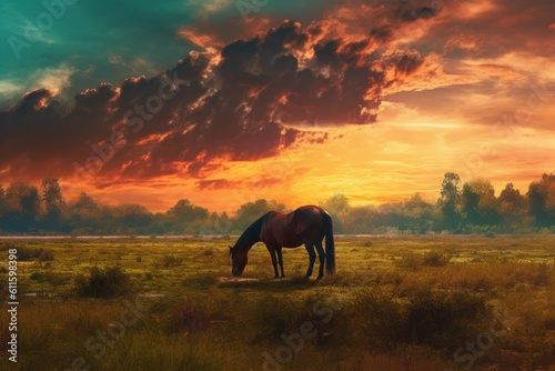 Horse grazing meadow. Generate Ai © nsit0108