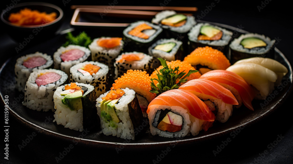 A plate of colorful sushi rolls, perfectly arranged and visually appealing A plate of colorful sushi rolls, perfectly arranged and visually appealing