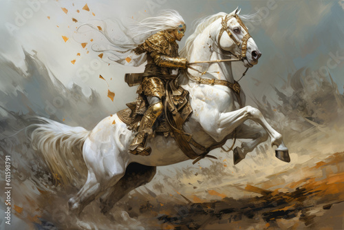 Horse knight golden battlefield. Generate Ai photo