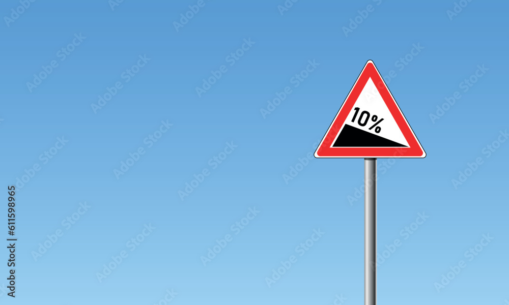 Red triangle road sign indicating a steep 10 percent downhill gradient in the road ahead ilustration Red triangle road sign indicating a steep 10 percent downhill gradient in the road ahead ilustration