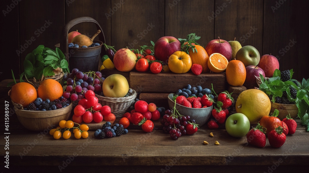 A vibrant assortment of fresh fruits and vegetables arranged on a wooden table A vibrant assortment of fresh fruits and vegetables arranged on a wooden table