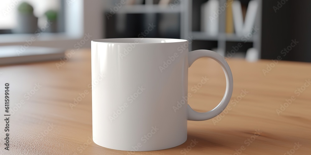 AI Generated. AI Generative. Ceramic white color mug cup morning tea coffee on wood table in bright kitchen. Can be used for promotrion or graphic design brand. Graphic Art AI Generated. AI Generative. Ceramic white color mug cup morning tea coffee on wood table in bright kitchen. Can be used for promotrion or graphic design brand. Graphic Art