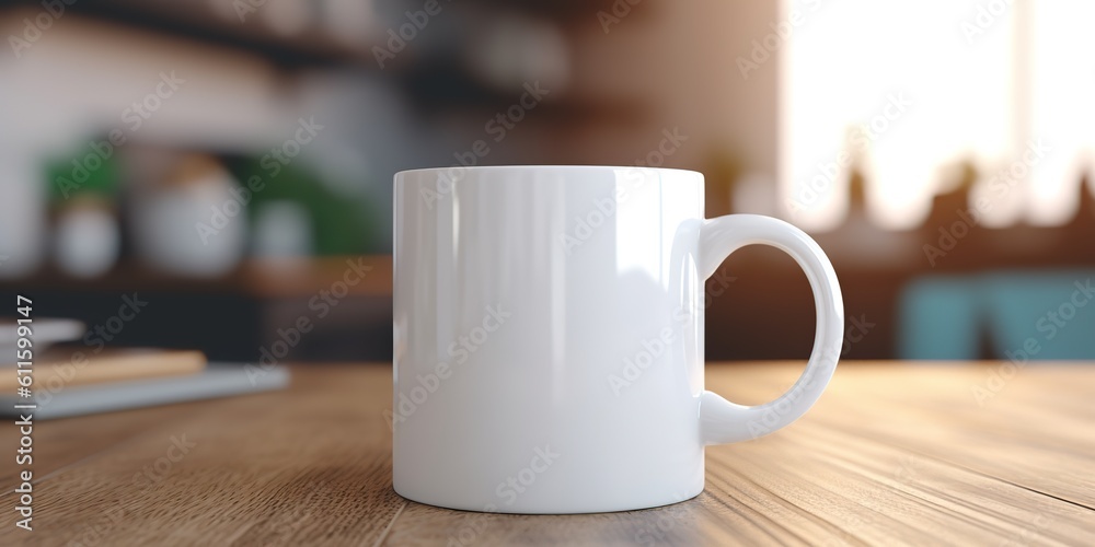 AI Generated. AI Generative. Ceramic white color mug cup morning tea coffee on wood table in bright kitchen. Can be used for promotrion or graphic design brand. Graphic Art