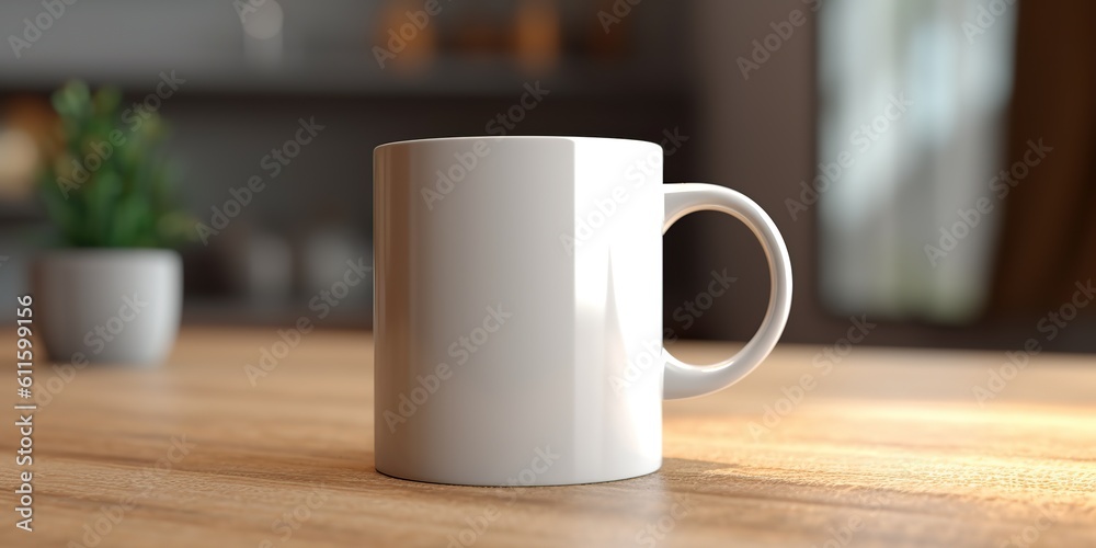 AI Generated. AI Generative. Ceramic white color mug cup morning tea coffee on wood table in bright kitchen. Can be used for promotrion or graphic design brand. Graphic Art AI Generated. AI Generative. Ceramic white color mug cup morning tea coffee on wood table in bright kitchen. Can be used for promotrion or graphic design brand. Graphic Art