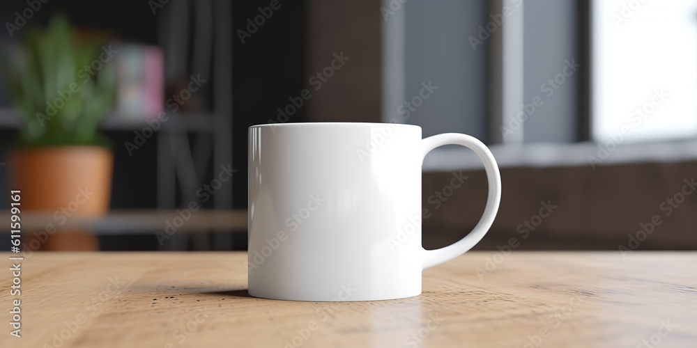 AI Generated. AI Generative. Ceramic white color mug cup morning tea coffee on wood table in bright kitchen. Can be used for promotrion or graphic design brand. Graphic Art