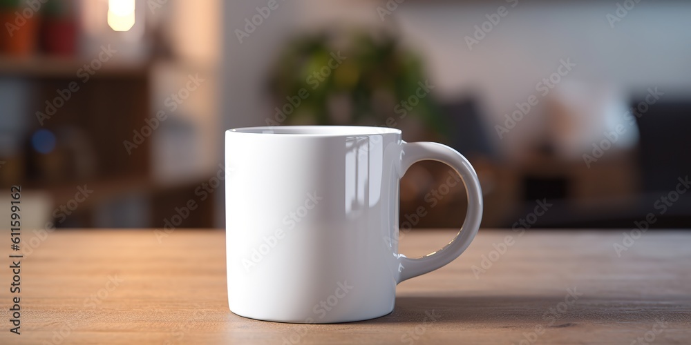 AI Generated. AI Generative. Ceramic white color mug cup morning tea coffee on wood table in bright kitchen. Can be used for promotrion or graphic design brand. Graphic Art AI Generated. AI Generative. Ceramic white color mug cup morning tea coffee on wood table in bright kitchen. Can be used for promotrion or graphic design brand. Graphic Art
