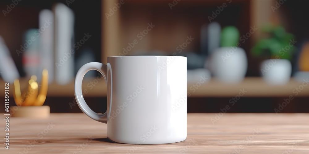 AI Generated. AI Generative. Ceramic white color mug cup morning tea coffee on wood table in bright kitchen. Can be used for promotrion or graphic design brand. Graphic Art AI Generated. AI Generative. Ceramic white color mug cup morning tea coffee on wood table in bright kitchen. Can be used for promotrion or graphic design brand. Graphic Art